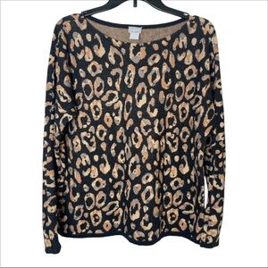 Chico's women’s  Black Tan Leopard embellished boat Neck Sweater size 1 Medium